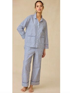 LAKE Poplin Piped Long Set in English Navy Riviera Stripe - S